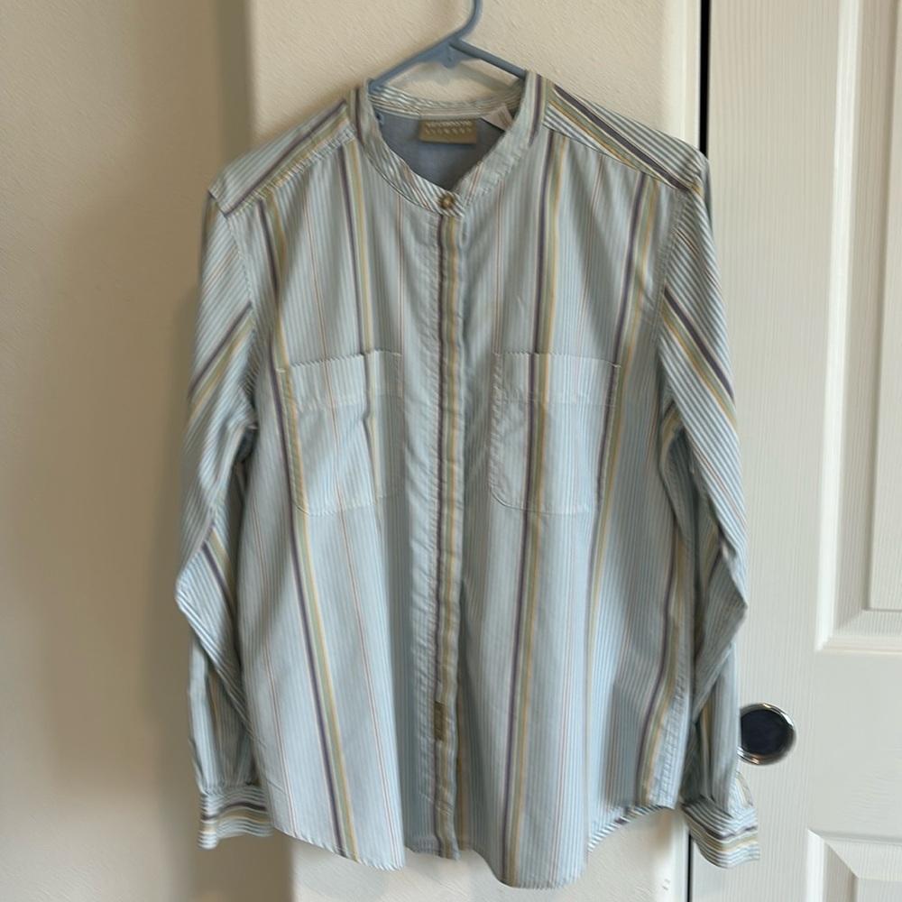 Vintage Liz wear cotton long sleeve blouse, double pockets, mandarin collar